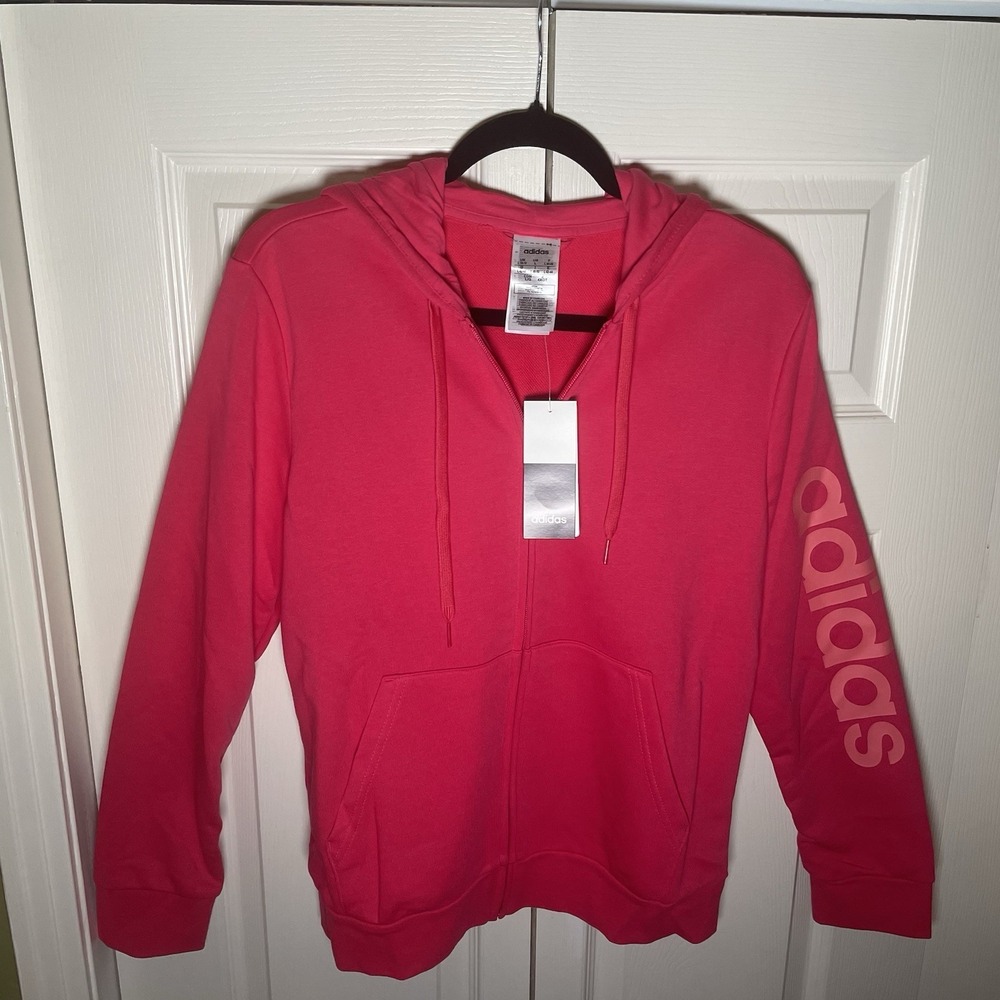NWT Adidas Women's Essential Linear Hoodie, Power Pink Size Small - Picture 2 of 7